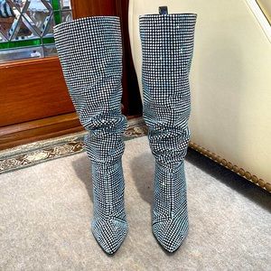 Below the knee ruched stiletto boots with crystals throughout. Size 8. New